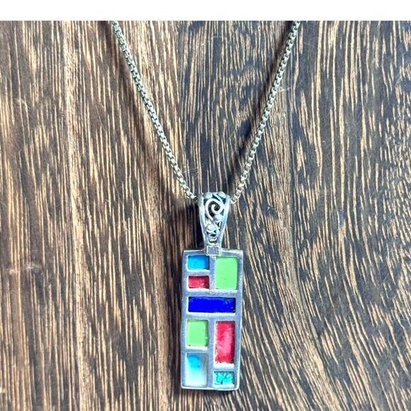 Vintage Jewelry - Vintage Sterling Silver Geometric Mosaic Pendant Turquoise Lapis Inlaid Necklace